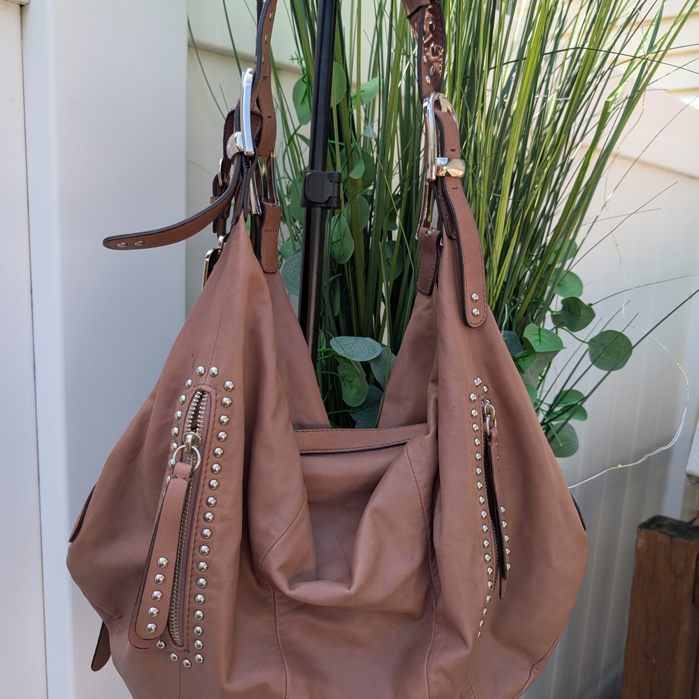 B. Makowsky Studded Tan Genuine Leather Hobo Bag